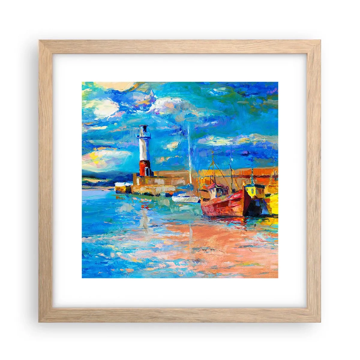 Plakat i ramme af lyst egetræ - Eftermiddag i regnbuebugten - 30x30 cm