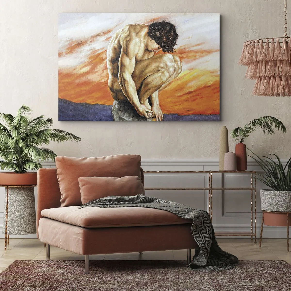 Lærredstryk - Billede på lærred - En mand fortabt i tanker mod en solnedgangs baggrund - 70x50cm - Sænket i sig selv - Moderne vægdekoration til stue og soveværelse ARTTOR