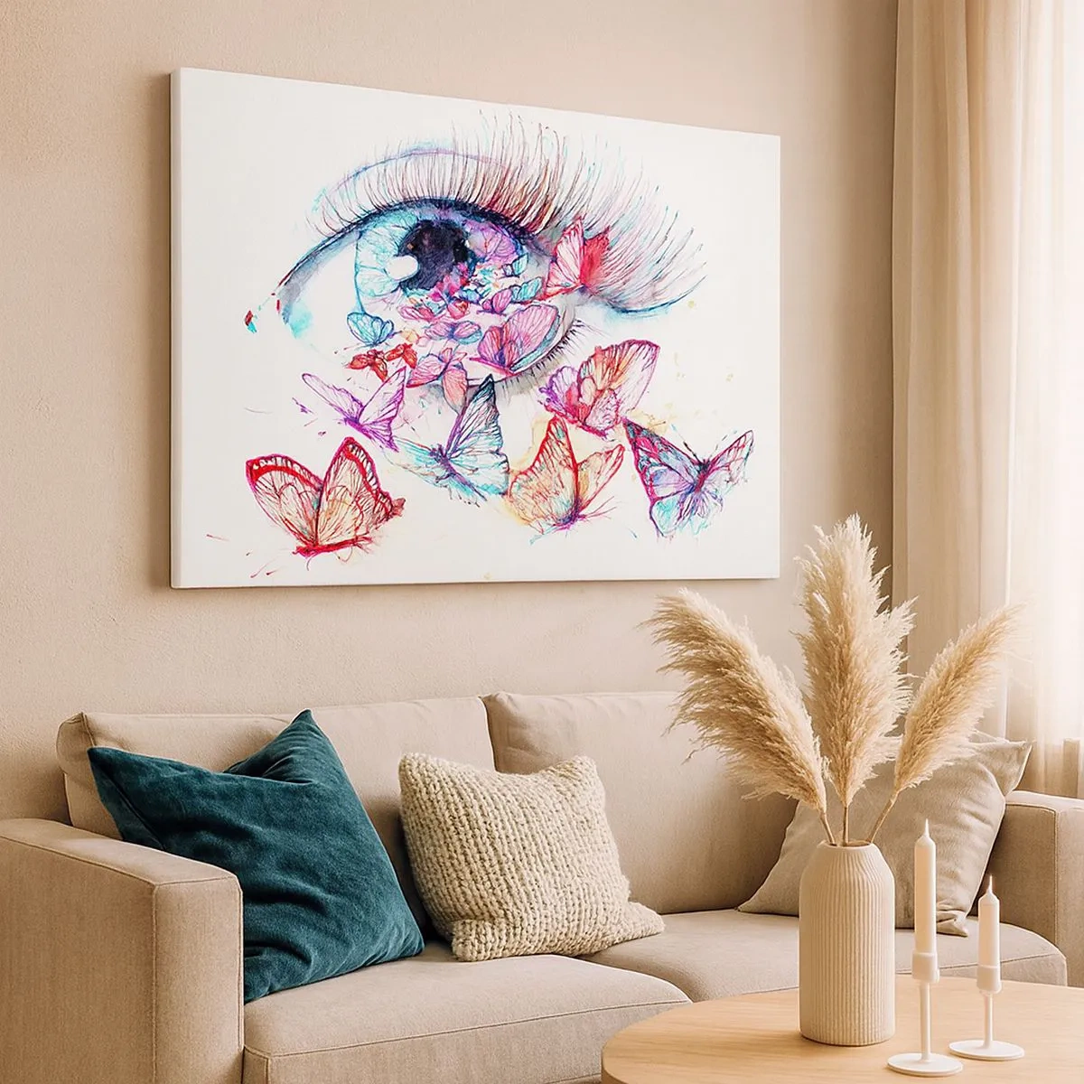 Lærredstryk - Billede på lærred - Et akvareløje omgivet af farverige sommerfugle - 70x50cm - Eventyrlige øjne - Moderne vægdekoration til stue og soveværelse ARTTOR