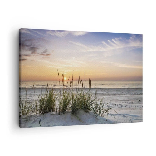 Lærredstryk - Billede på lærred - En sandstrand ved solnedgang med græs i baggrunden - 70x50cm - Se, tænk, føl - Moderne vægdekoration til stue og soveværelse ARTTOR