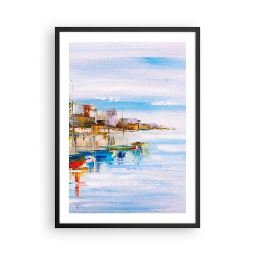Plakat i sort ramme - Det farverige landskab i kystbyen - 50x70cm - Flerfarvet urban havn - Moderne vægdekoration til stue og soveværelse ARTTOR
