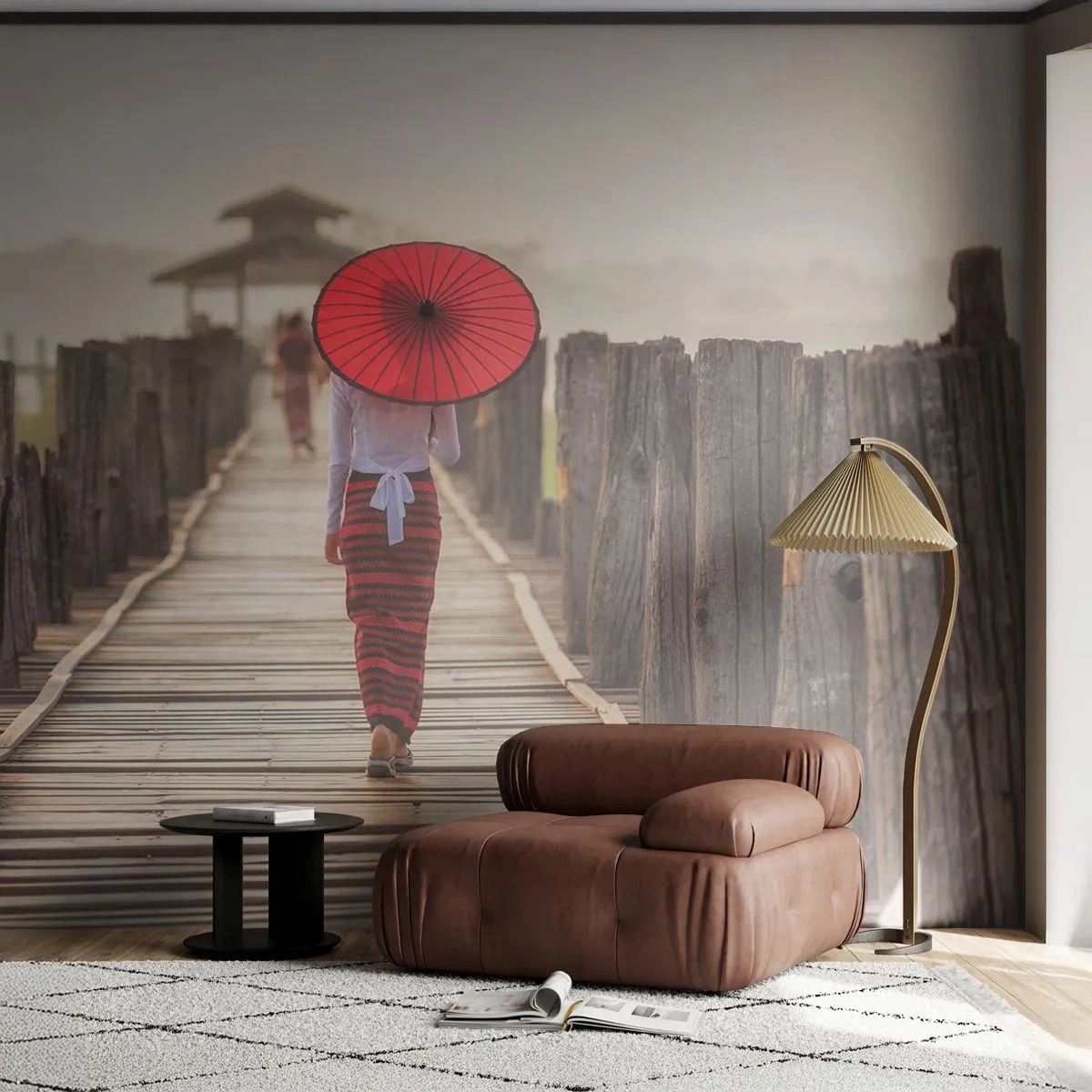 Fototapet Premium Sand - På den gamle bro - Paraply, Burma, træbro - 100x70 cm