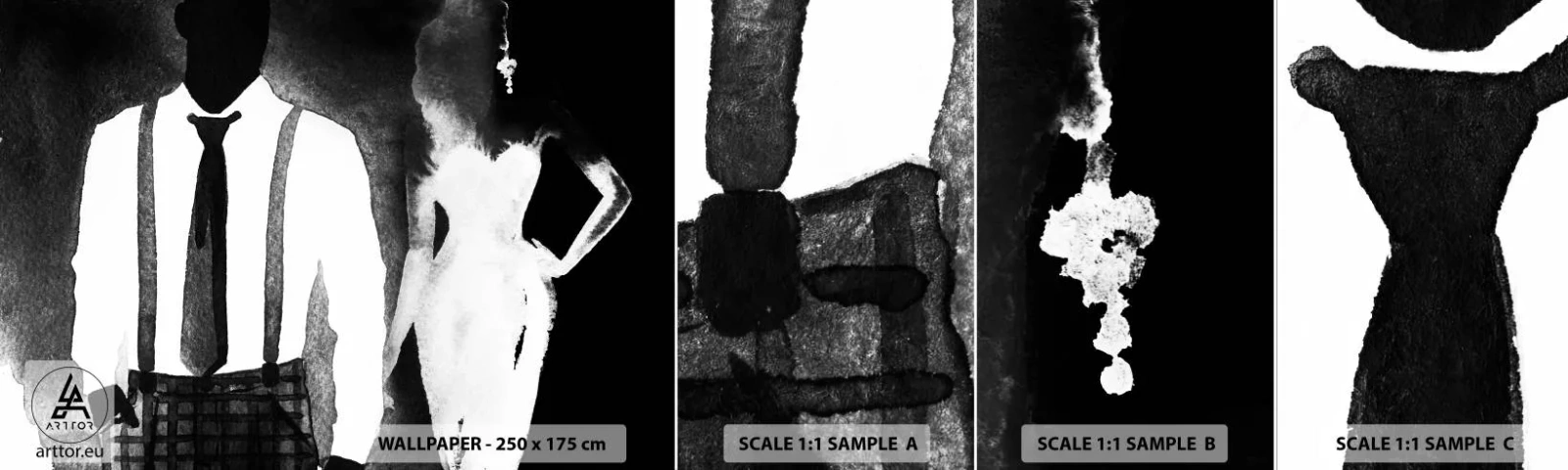 Prøve Fototapet Selvklæbende Deluxe Sticker - I en noir-atmosfære - Abstraktion, Kvinde og mand, Mode - 100x30 cm