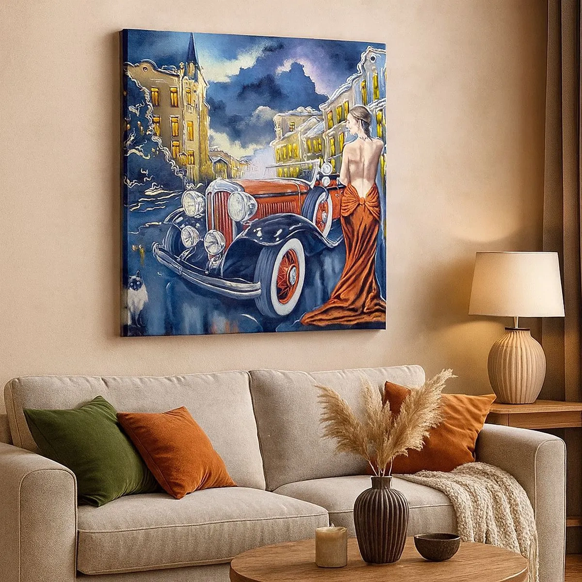 Lærredstryk - Billede på lærred - Nocturne i blå og koral - 30x30 cm