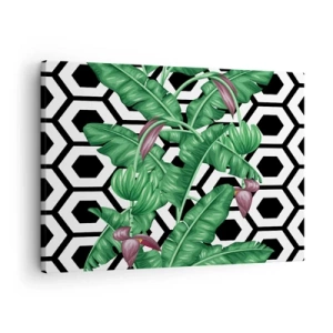 Lærredstryk - Billede på lærred - Tropiske blade på en geometrisk baggrund - 70x50cm - Symmetrisk komposition fra naturen - Moderne vægdekoration til stue og soveværelse ARTTOR