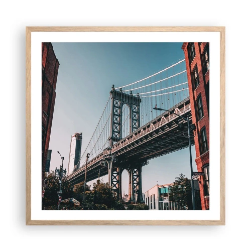 Plakat i ramme af lyst egetræ - Over byens bølger - 60x60 cm
