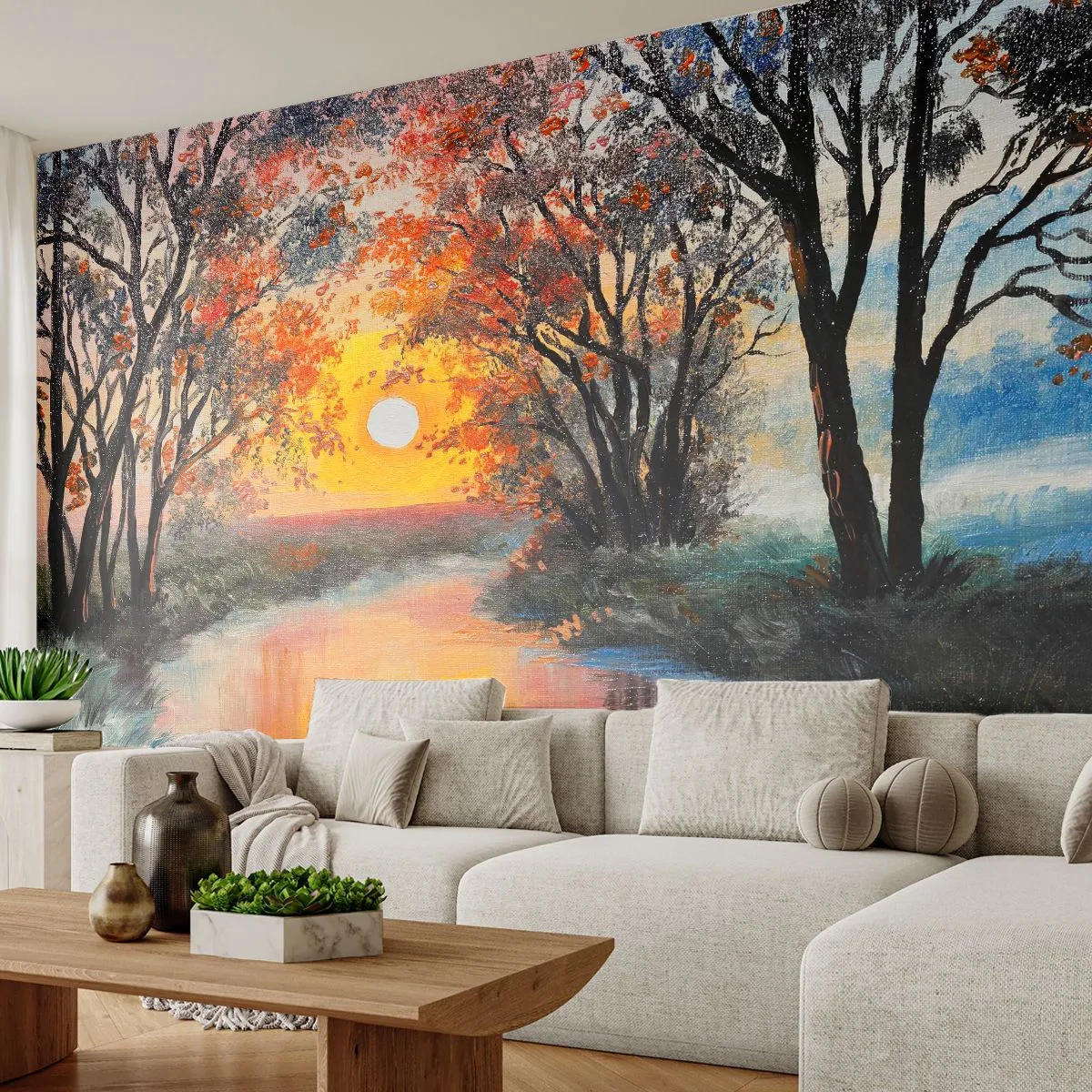 Fototapet Premium Sand - Efterårs atmosfære - Landskab, flod, Træer - 100x70 cm