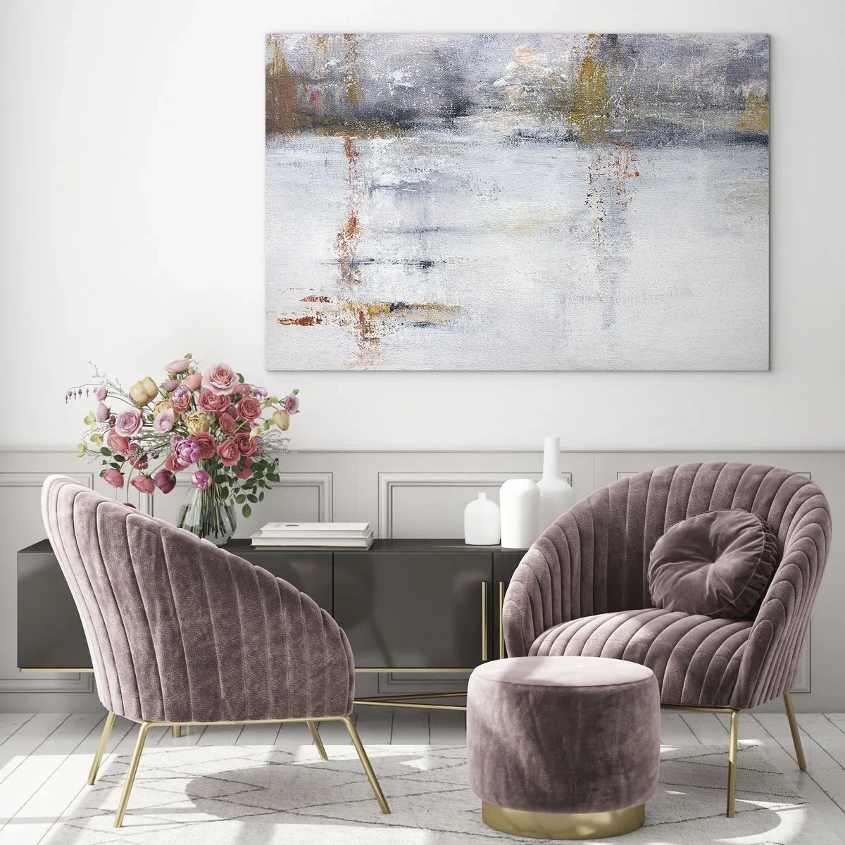 Billede på glas - Et abstrakt maleri med en diskret kombination af grå, hvid og guld. - 70x50cm - Bag lufttæppet - Moderne vægdekoration til stue og soveværelse ARTTOR