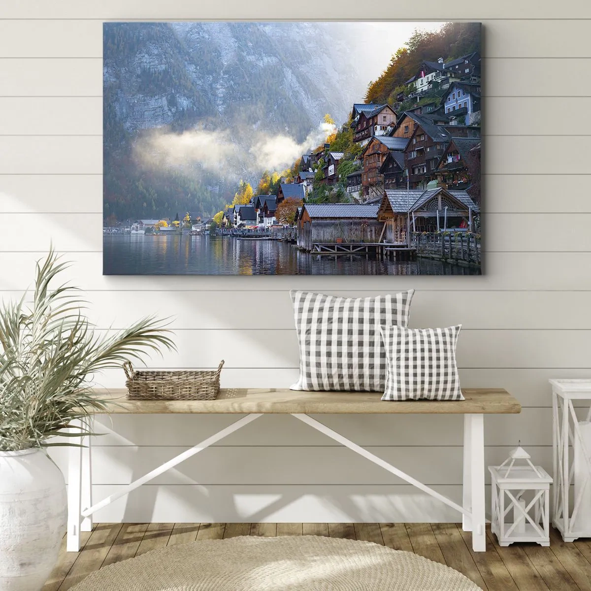 Lærredstryk - Billede på lærred - En bjerglandsby ved en sø i efterårssceneri - 70x50cm - Alpine climes - Moderne vægdekoration til stue og soveværelse ARTTOR