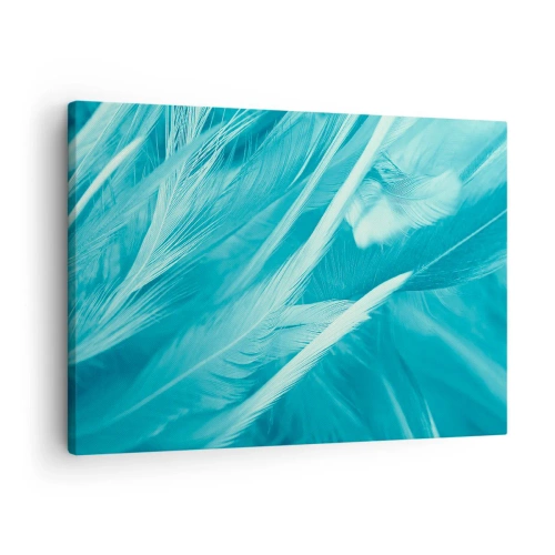 Lærredstryk - Billede på lærred - Nærbillede af fine turkise fjer - 70x50cm - At drukne i fluff - Moderne vægdekoration til stue og soveværelse ARTTOR
