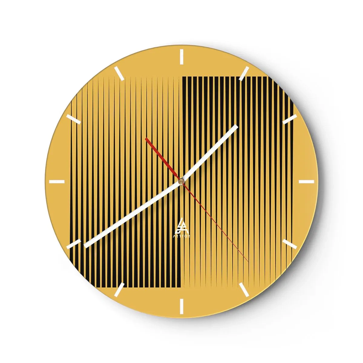 Vægur, Uret - Gul baggrund med sorte lodrette linjer, der skaber en geometrisk effekt - 30x30cm - Modsætningernes kvadrat - Moderne vægdekoration til stue, køkken og soveværelse ARTTOR
