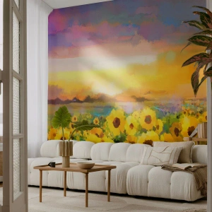 Fototapet Selvklæbende Deluxe Sticker - Selve solen er steget ned på jorden - Solsikkemark, solsikke, Natur - 450x315 cm