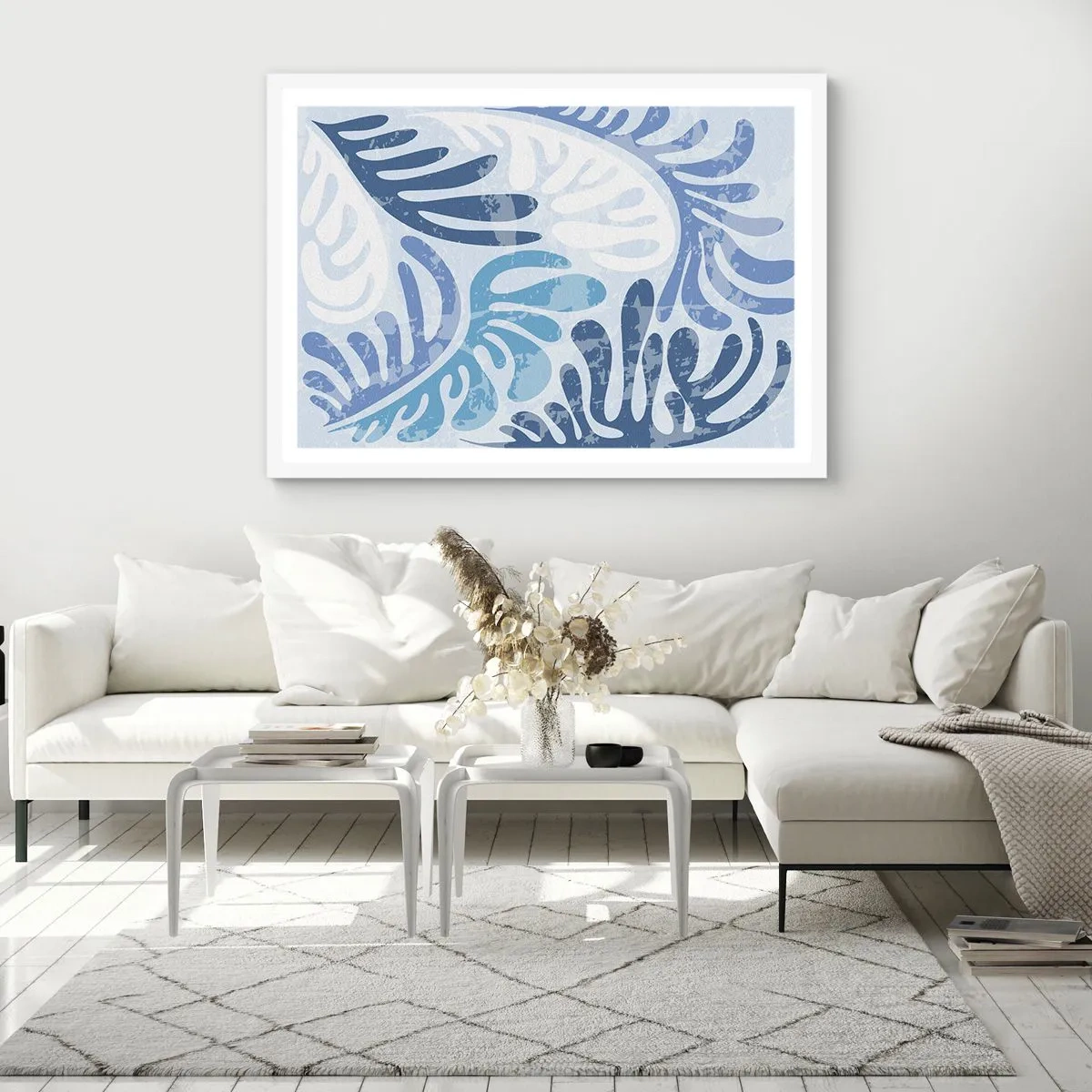 Plakat i hvid ramme - Blå bregner - 100x70 cm