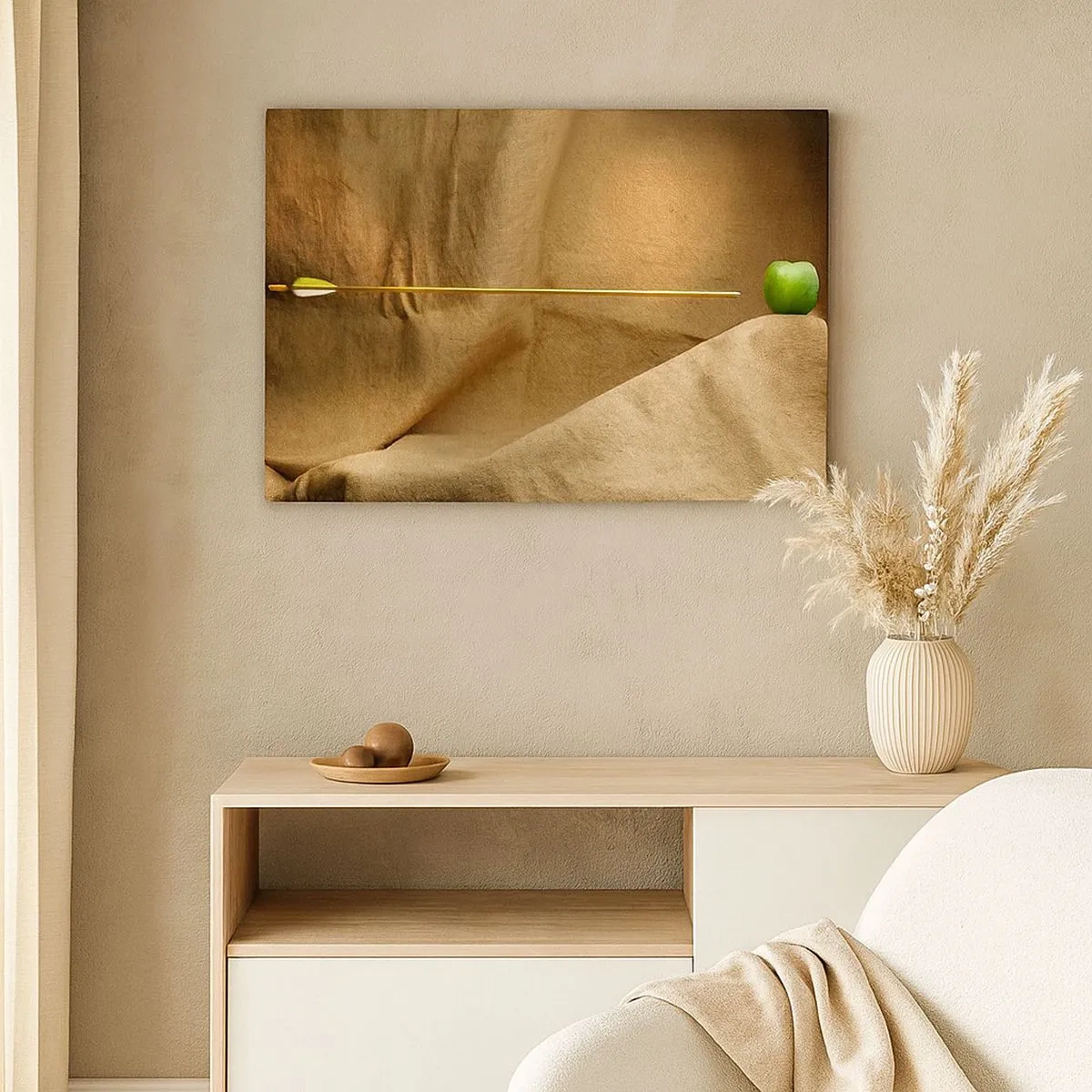 Lærredstryk - Billede på lærred - Grønt æble på stof med en pil, der skaber en komposition - 70x50cm - Påkald William Tell's ånd - Moderne vægdekoration til stue og soveværelse ARTTOR