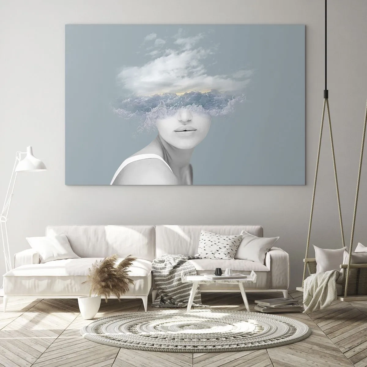 Billede på glas - En kvindes ansigt smelter sammen med himlen og skyerne i et surrealistisk syn. - 70x50cm - Med hovedet i skyerne - Moderne vægdekoration til stue og soveværelse ARTTOR