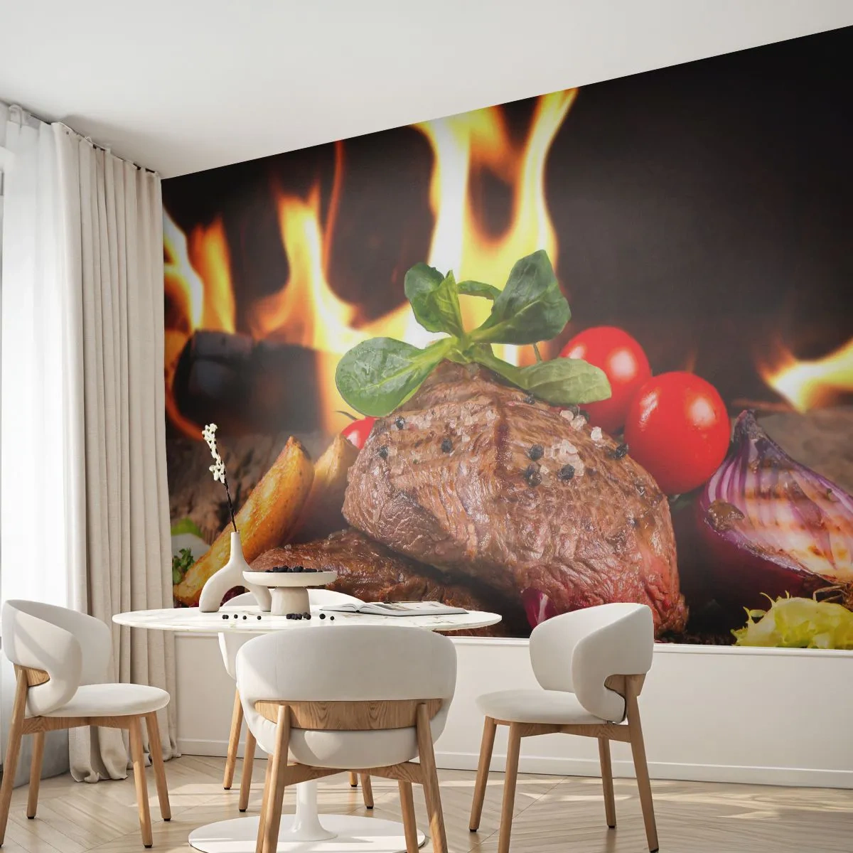 Fototapet Premium Sand - Fremkaldt med varme - Gastronomi, bøf, Ildflammer - 100x70 cm