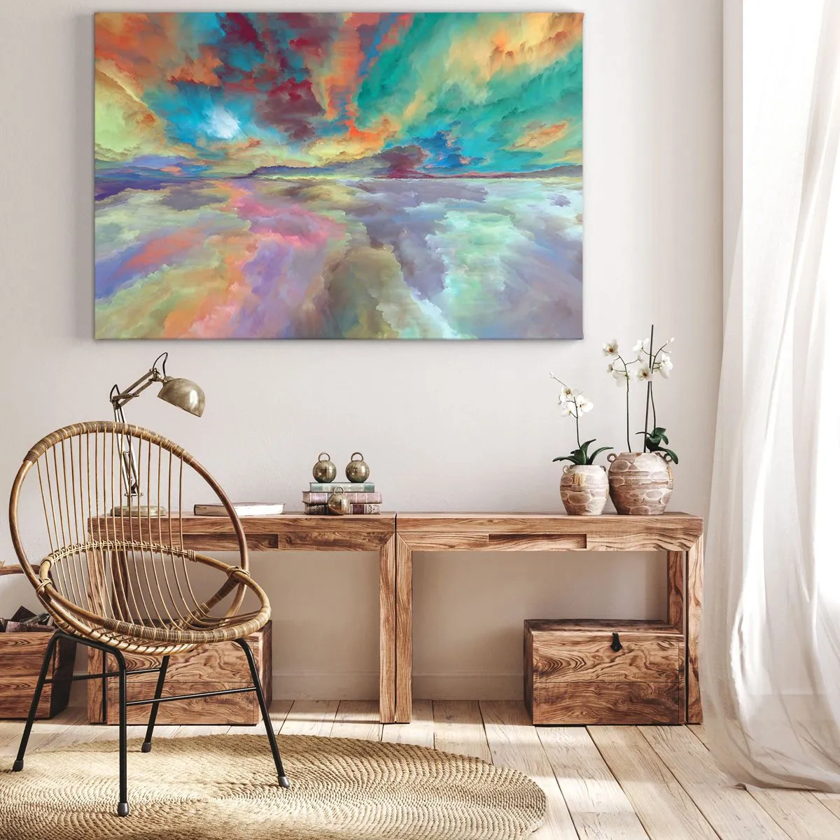 Lærredstryk - Billede på lærred - Farverigt skylandskab i abstrakt stil - 70x50cm - To himle - Moderne vægdekoration til stue og soveværelse ARTTOR
