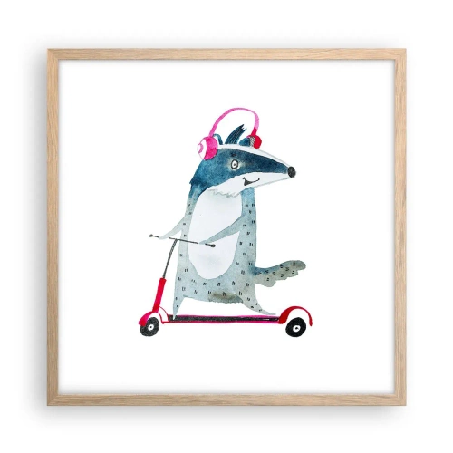 Plakat i ramme af lyst egetræ - Grævlingens glæder - 50x50 cm