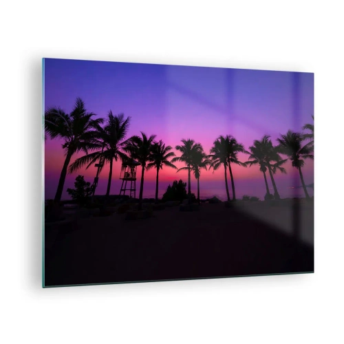 Billede på glas - Palmer mod baggrunden af en lilla-lyserød solnedgang - 70x50cm - En aften under palmerne - Moderne vægdekoration til stue og soveværelse ARTTOR