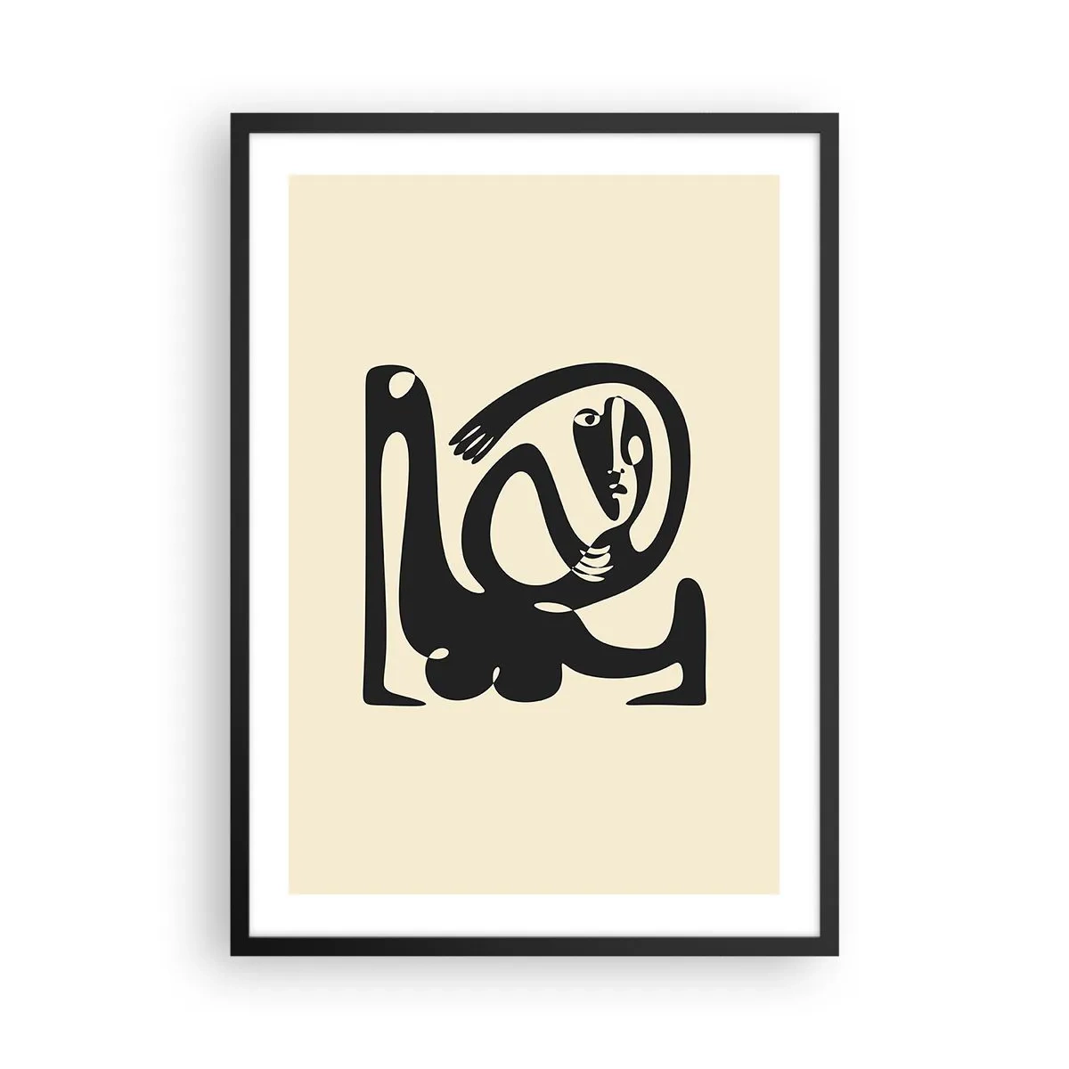Plakat i sort ramme - Abstrakt figur på en beige baggrund med sorte linjer - 50x70cm - Næsten Picasso - Moderne vægdekoration til stue og soveværelse ARTTOR