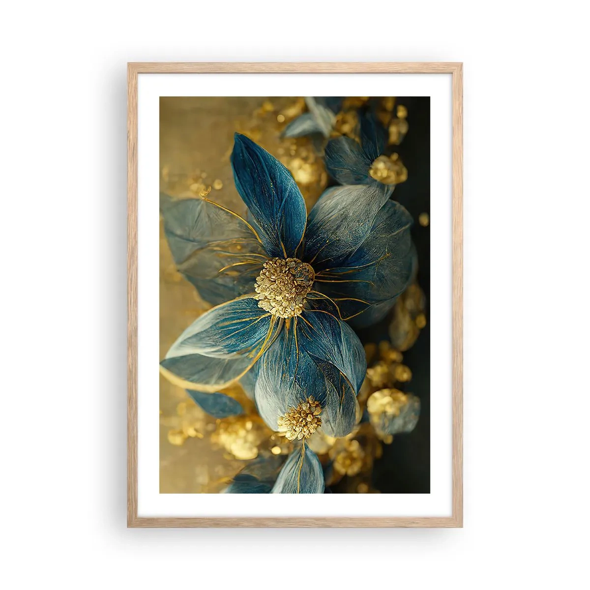 Plakat i ramme af lyst egetræ - Blomstre med guld - 50x70 cm