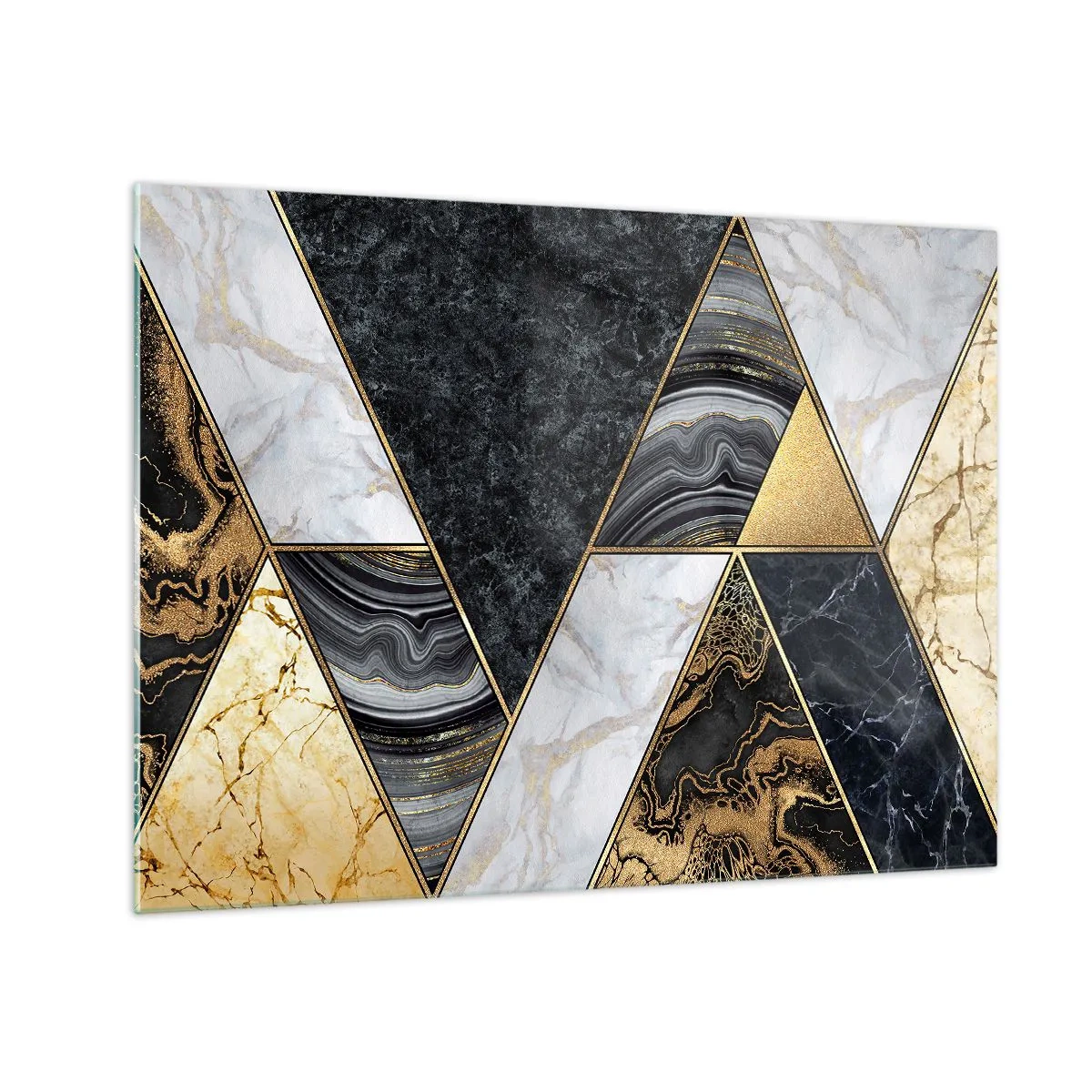 Billede på glas - Geometrisk mønster af marmor og guldtrekanter - 70x50cm - Sten for sten - Moderne vægdekoration til stue og soveværelse ARTTOR