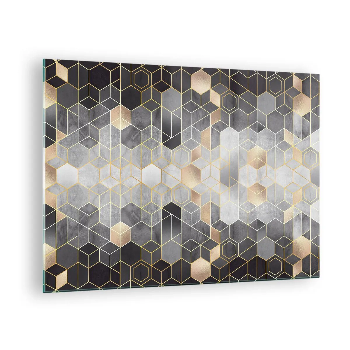 Billede på glas - Geometrisk mønster af sekskanter i gyldne linjer - 70x50cm - Sammensætning af diamanter - Moderne vægdekoration til stue og soveværelse ARTTOR