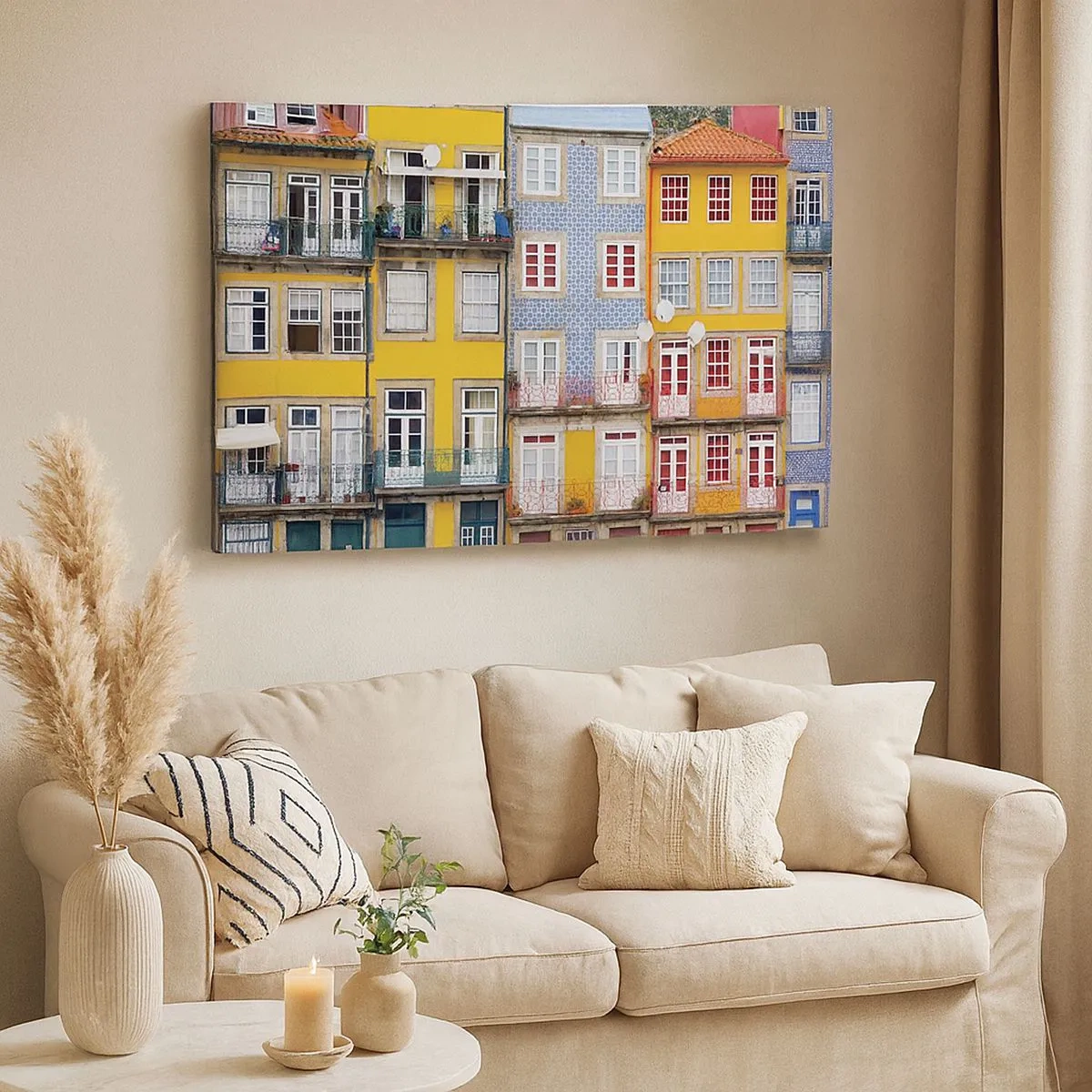 Lærredstryk - Billede på lærred - Farverige facader af lejlighedshuse i bylandskabet - 70x50cm - Farverne i den gamle bydel - Moderne vægdekoration til stue og soveværelse ARTTOR