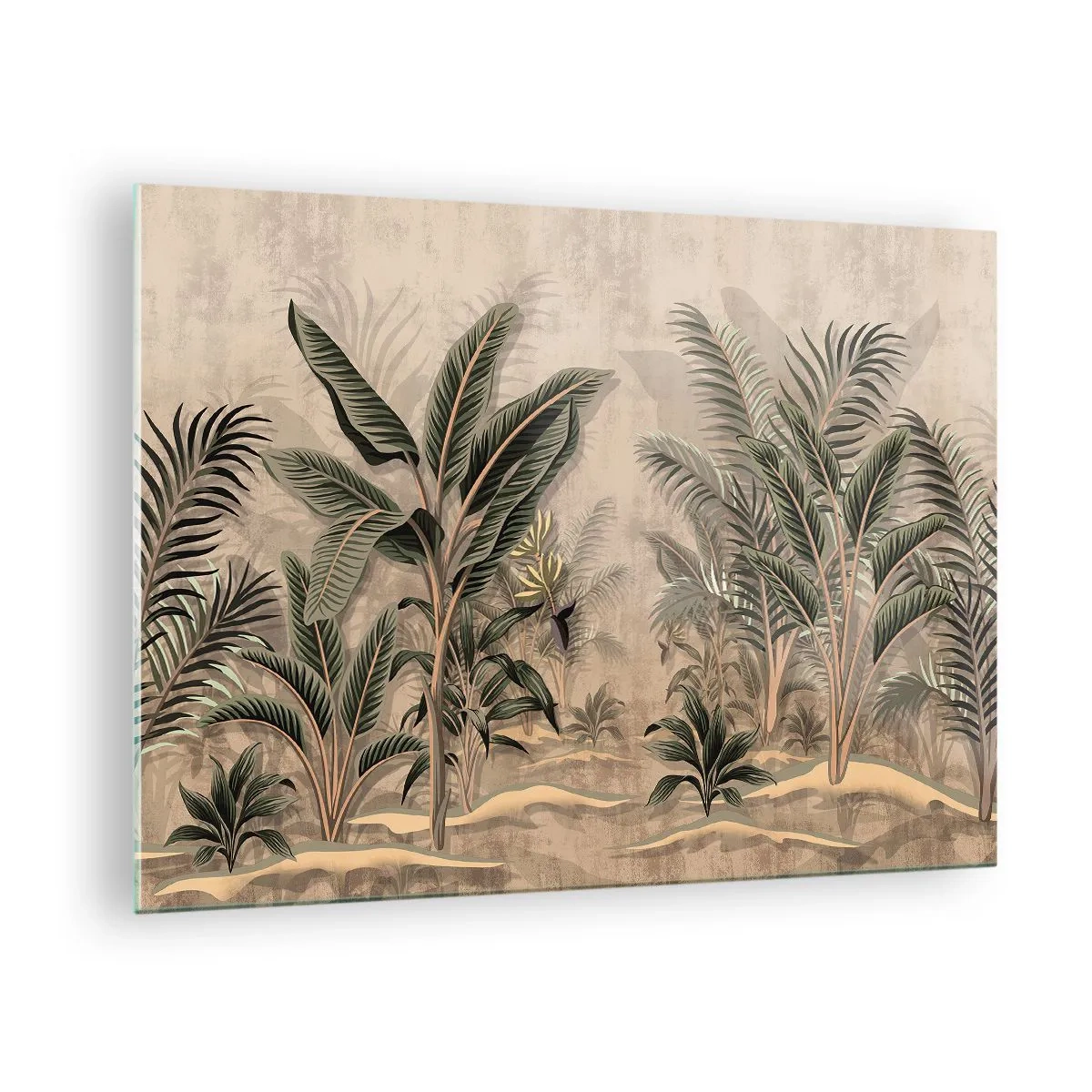 Billede på glas - Tropiske planter på en beige baggrund i kolonistil - 70x50cm - Gravering i kolonistil - Moderne vægdekoration til stue og soveværelse ARTTOR