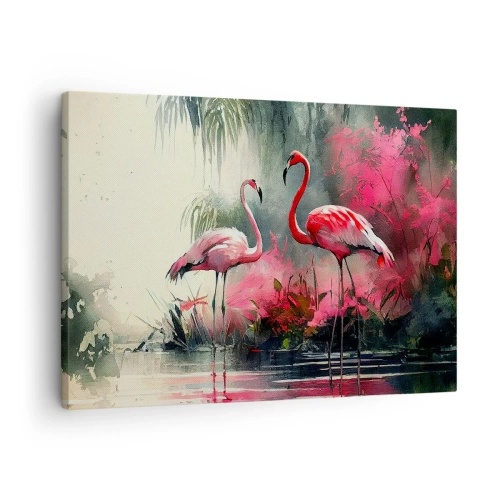 Lærredstryk - Billede på lærred - Flamingoer ved vandet omgivet af vegetation - 70x50cm - En lektion i naturlig charme - Moderne vægdekoration til stue og soveværelse ARTTOR