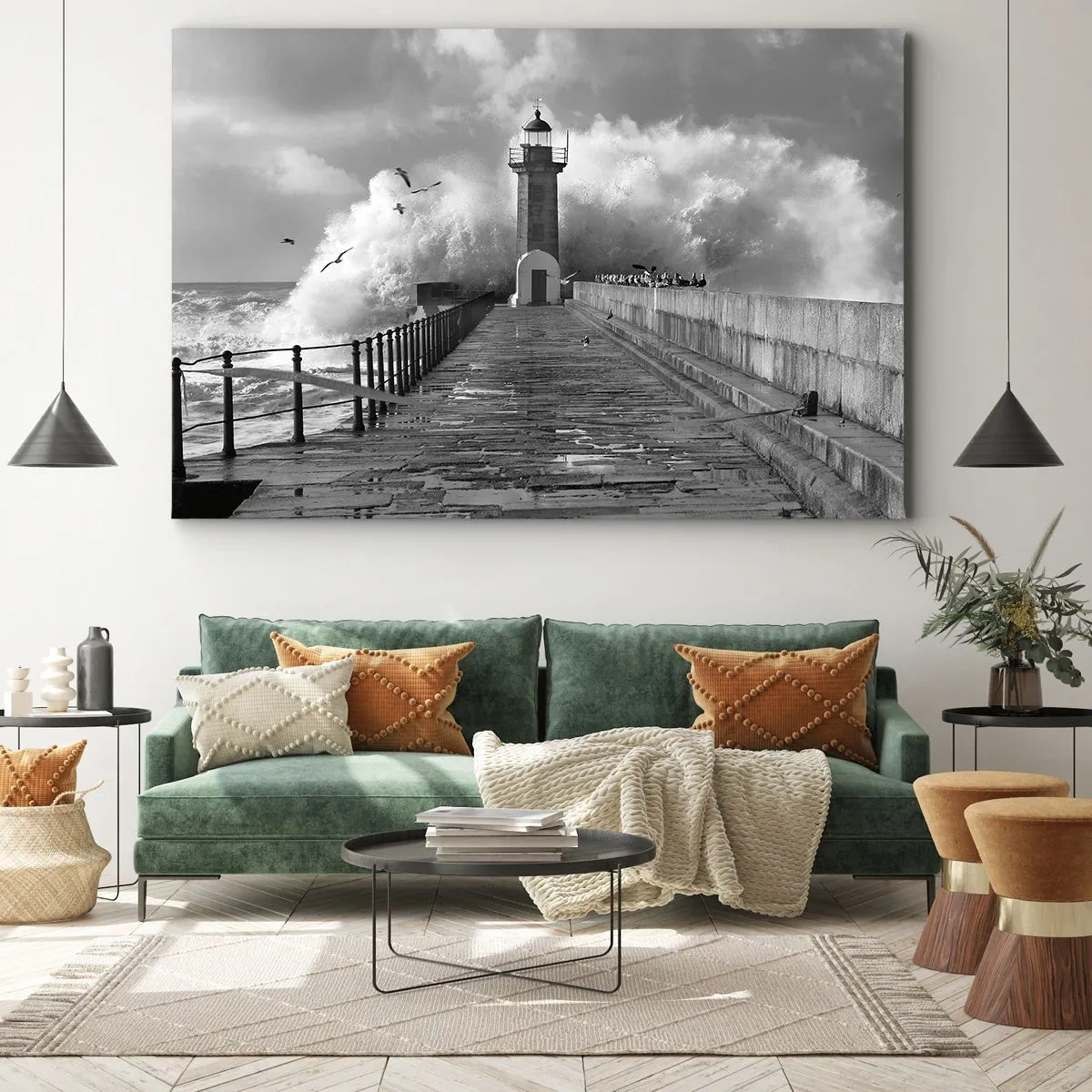 Lærredstryk - Billede på lærred - Et fyrtårn omgivet af bølger under en storm - 70x50cm - Frygtløs  - Moderne vægdekoration til stue og soveværelse ARTTOR