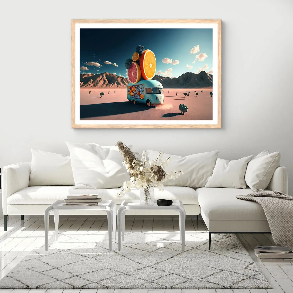 Plakat i ramme af lyst egetræ - En smag af ferie - 100x70 cm