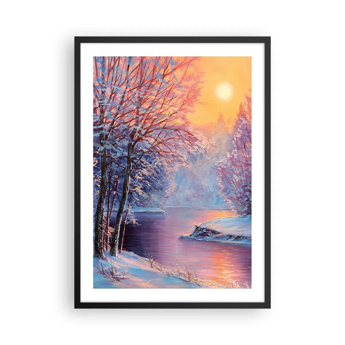 Plakat i sort ramme - Vinterlandskab med en flod i gløden af den nedgående sol - 50x70cm - Vinterens farver - Moderne vægdekoration til stue og soveværelse ARTTOR
