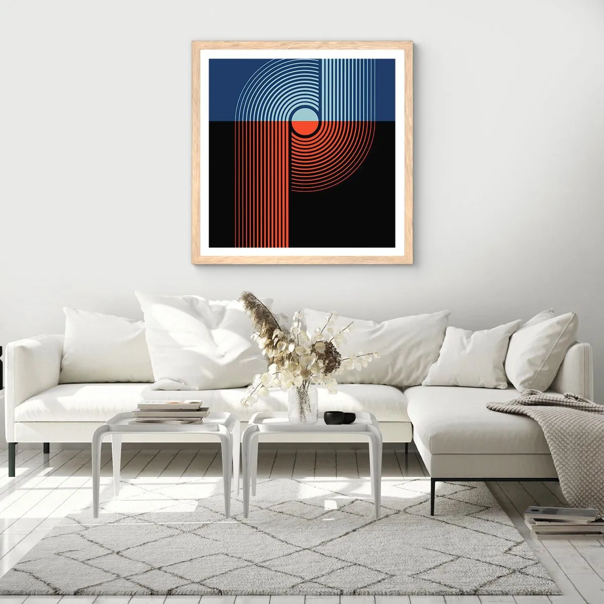 Plakat i ramme af lyst egetræ - I en geometrisk omfavnelse - 50x50 cm