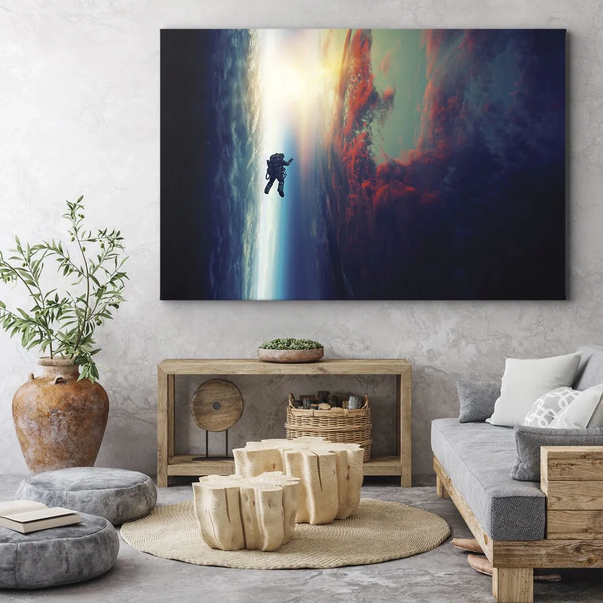 Lærredstryk - Billede på lærred - En astronaut, der svæver i rummet over en farverig Jord - 70x50cm - Over for universet - Moderne vægdekoration til stue og soveværelse ARTTOR