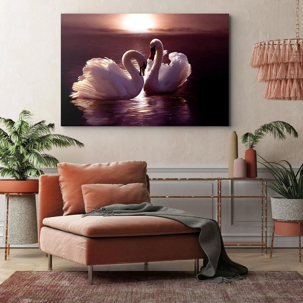 Lærredstryk - Billede på lærred - To svaner på en rolig sø ved solnedgang - 70x50cm - Indtil døden skiller os ad - Moderne vægdekoration til stue og soveværelse ARTTOR
