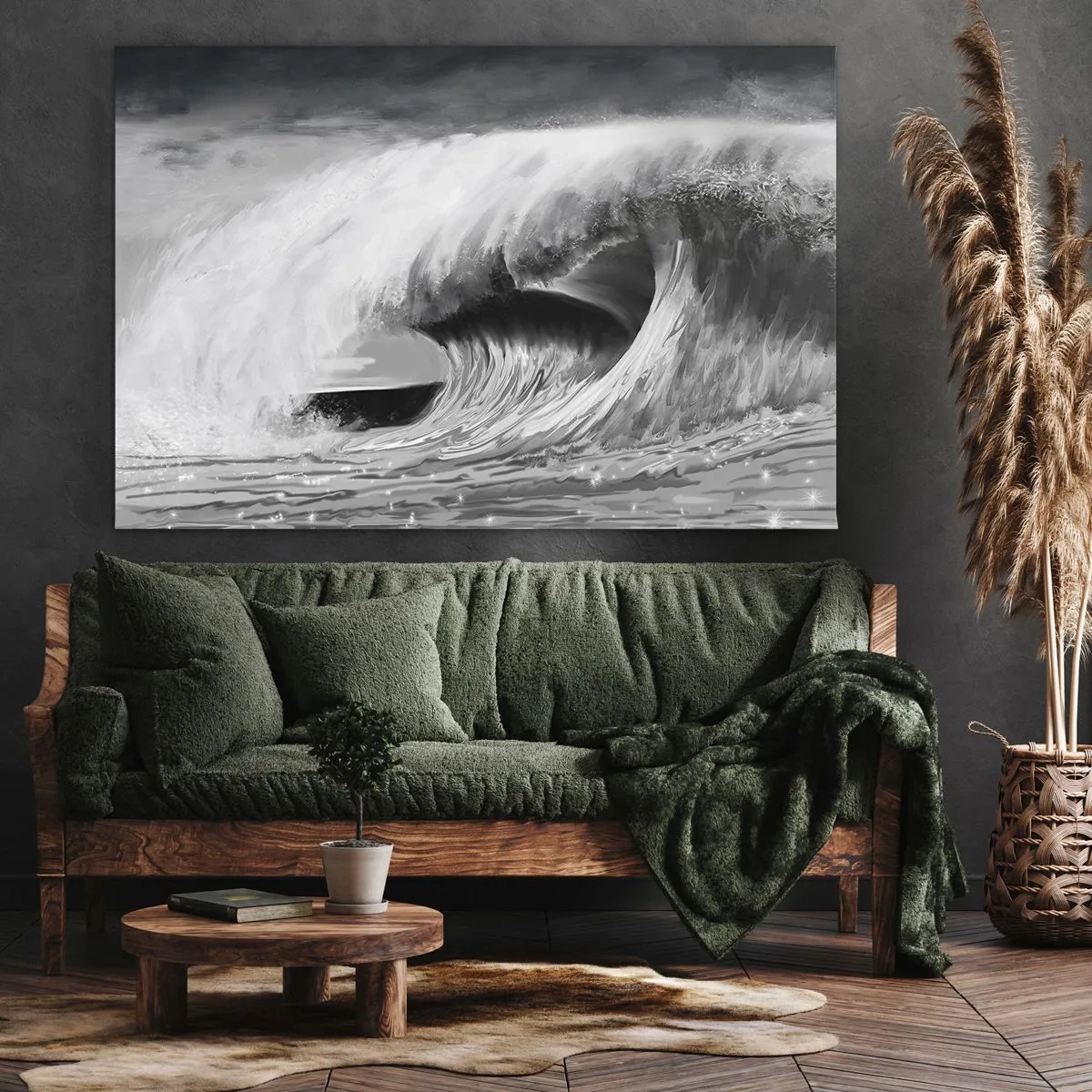 Lærredstryk - Billede på lærred - Dramatisk havbølge i monokrom - 70x50cm - Havets vrede - Moderne vægdekoration til stue og soveværelse ARTTOR