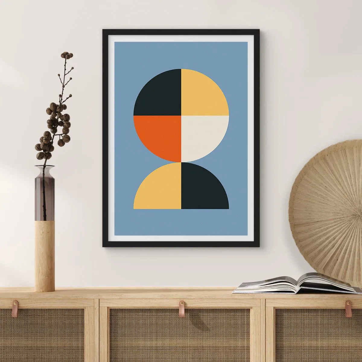 Plakat i sort ramme - Geometrisk motiv i form af en cirkel og en halvcirkel på en blå baggrund - 50x70cm - Se og tæl - Moderne vægdekoration til stue og soveværelse ARTTOR