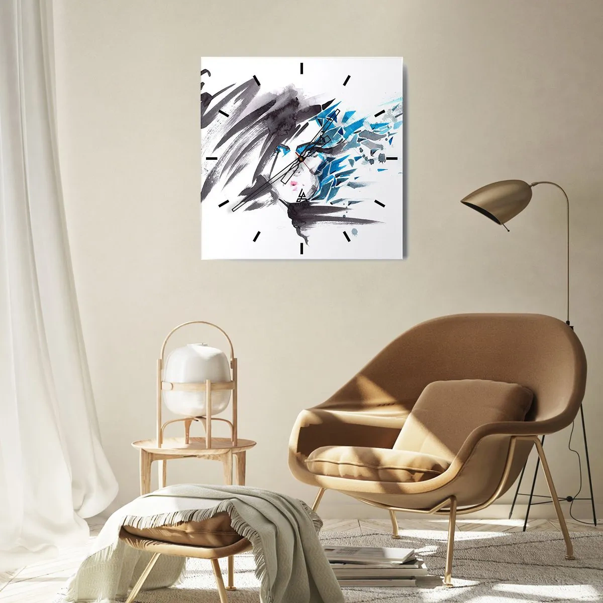 Vægur, Uret - Sensuelt portræt i grå og blå farver - 40x40 cm