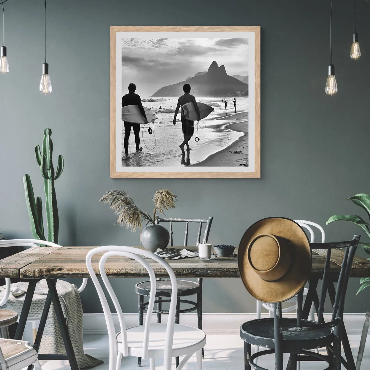 Plakat i ramme af lyst egetræ - Samba til én bølge - 50x50 cm