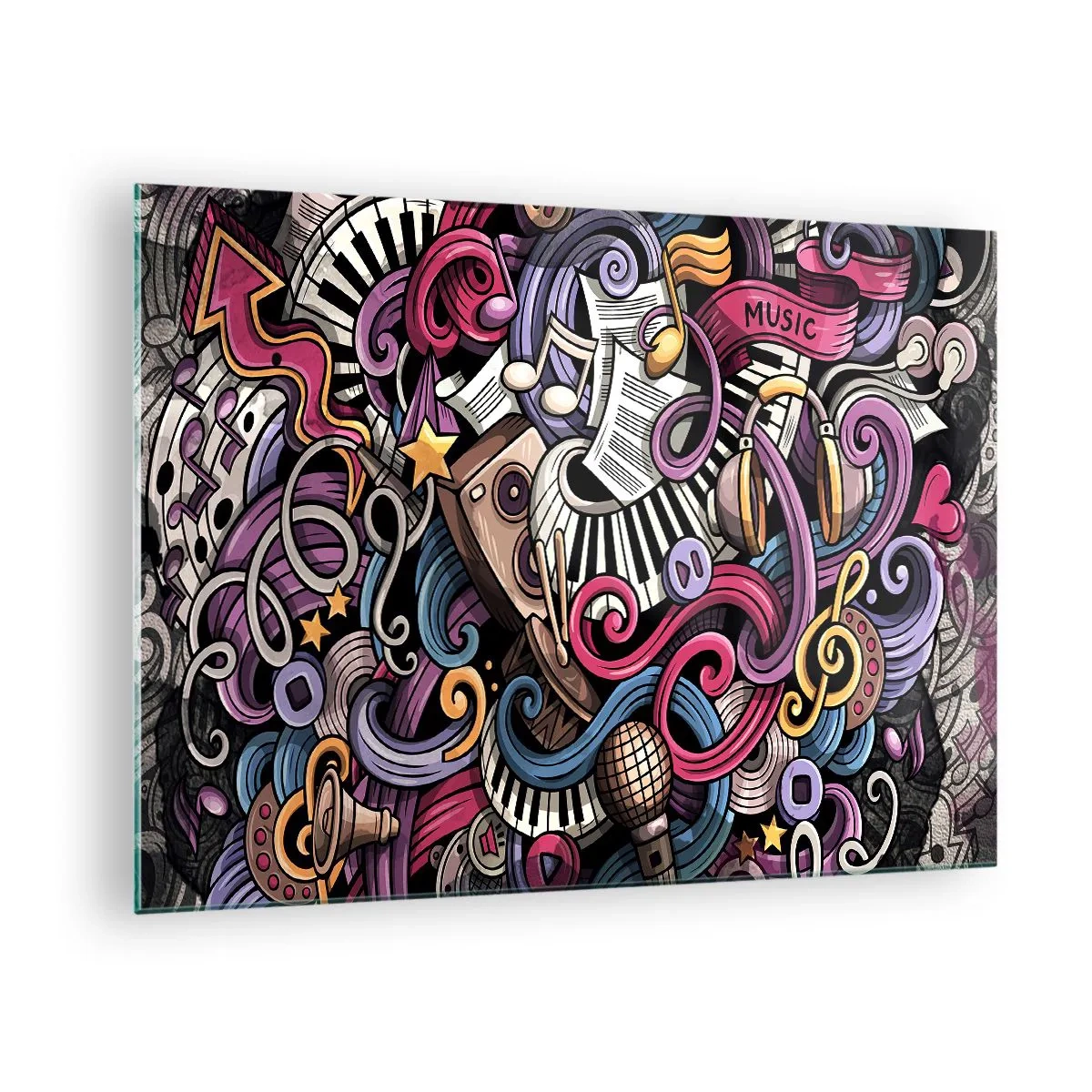 Billede på glas - Farverige musiktemaer med noder og instrumenter - 70x50cm - Kompliceret melodi - Moderne vægdekoration til stue og soveværelse ARTTOR