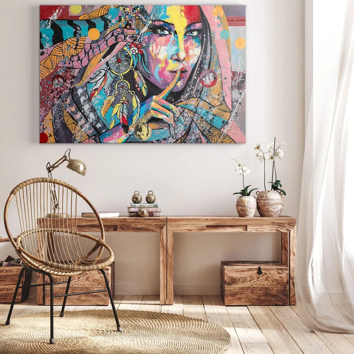 Lærredstryk - Billede på lærred - Farverigt kvindeligt ansigt i kunstnerisk stil - 70x50cm - Vær tavs, indtil du forstår - Moderne vægdekoration til stue og soveværelse ARTTOR