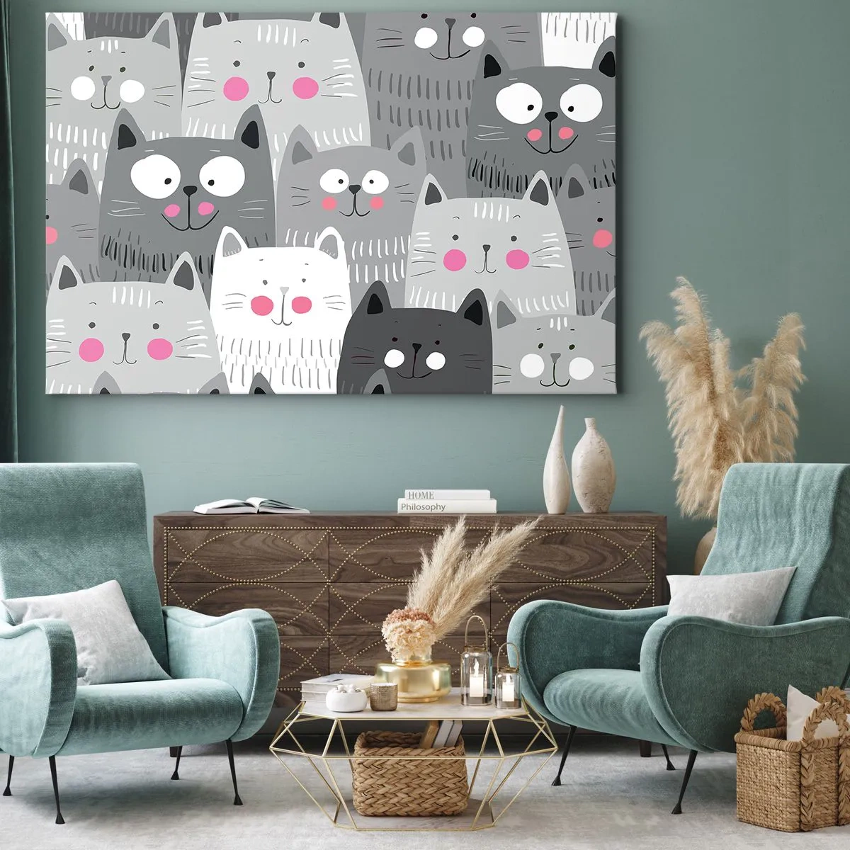Lærredstryk - Billede på lærred - Et sjovt mønster med katte i grå nuancer - 70x50cm - Kattens verden - Moderne vægdekoration til stue og soveværelse ARTTOR