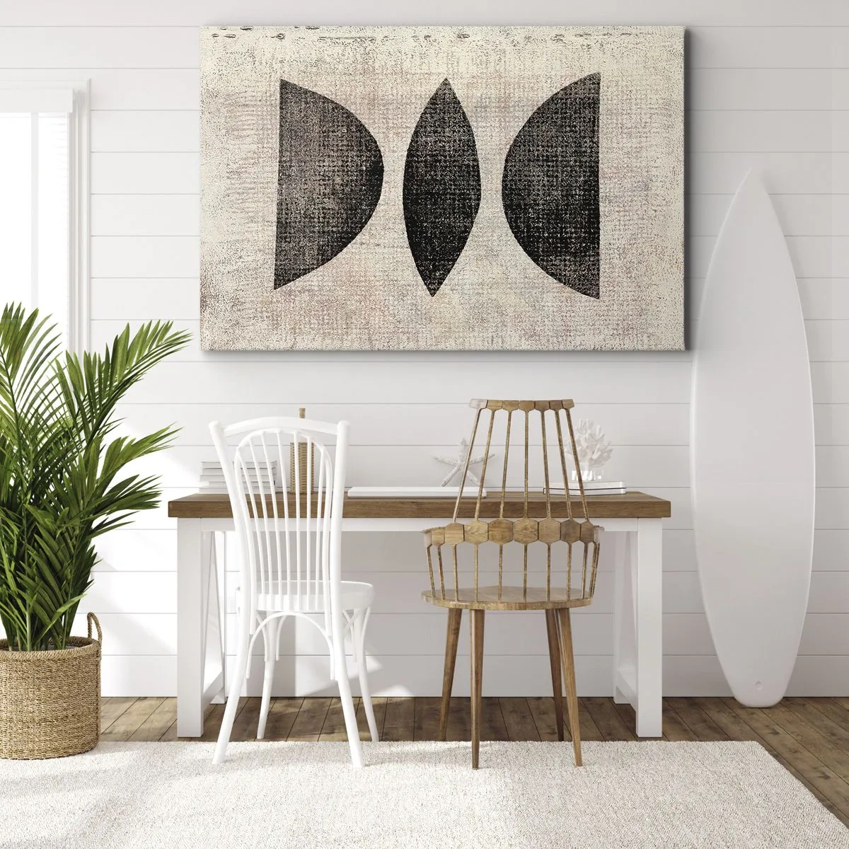 Lærredstryk - Billede på lærred - Etniske former i mørke toner på en lys baggrund - 70x50cm - Etnisk abstraktion - Moderne vægdekoration til stue og soveværelse ARTTOR