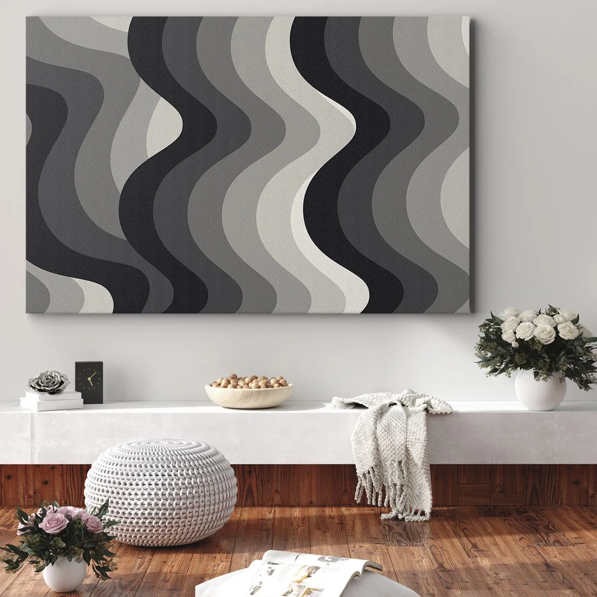 Lærredstryk - Billede på lærred - Sort-hvide bølgede mønstre i grå nuancer - 70x50cm - Bølge efter bølge - Moderne vægdekoration til stue og soveværelse ARTTOR