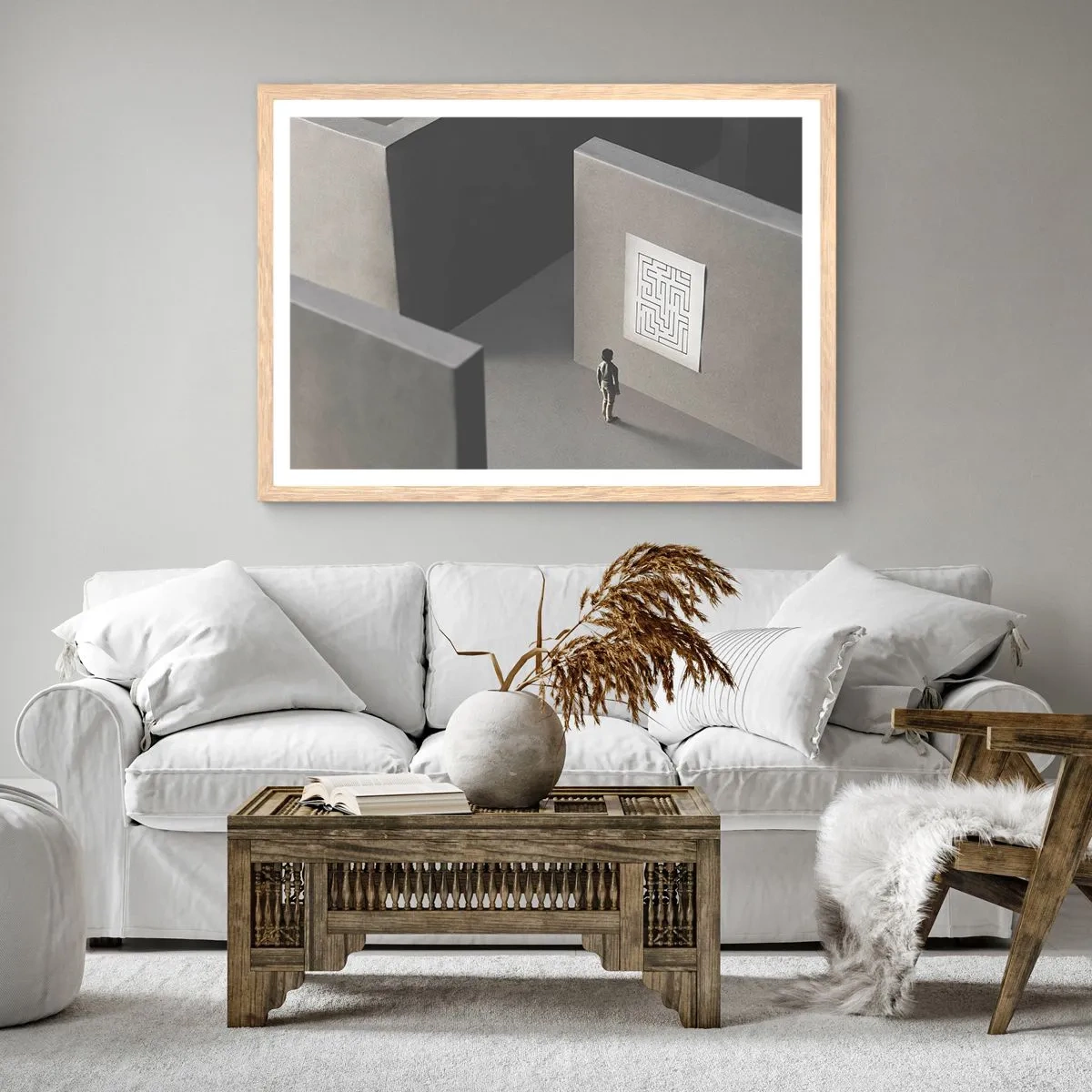 Plakat i ramme af lyst egetræ - Men hvor er jeg? - 50x40 cm