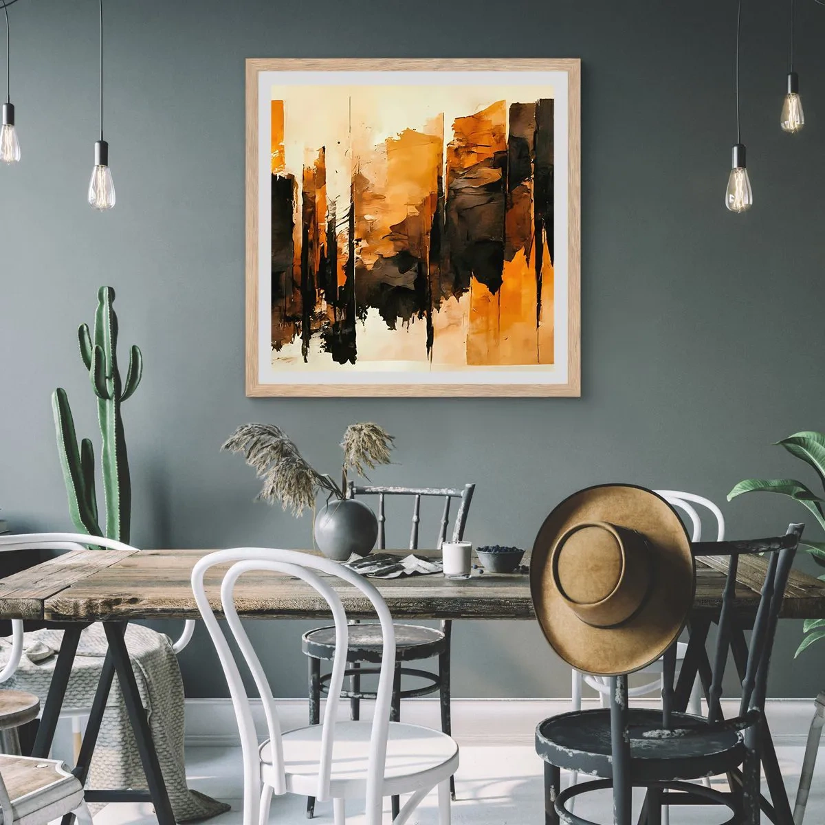 Plakat i ramme af lyst egetræ - Harmoni af sort og guld - 50x50 cm