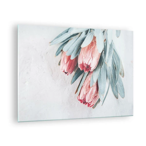 Billede på glas - Tre pastelfarvede proteablomster med blade på en lys baggrund - 70x50cm - Skammer sig over deres egen skønhed - Moderne vægdekoration til stue og soveværelse ARTTOR