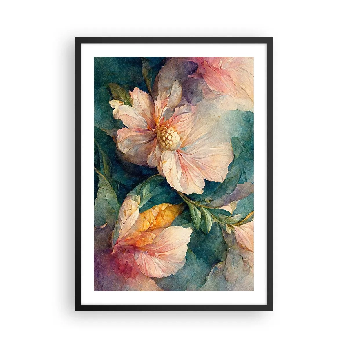 Plakat i sort ramme - Fine blomster i akvarelstil - 50x70cm - Subtiliteten selv - Moderne vægdekoration til stue og soveværelse ARTTOR