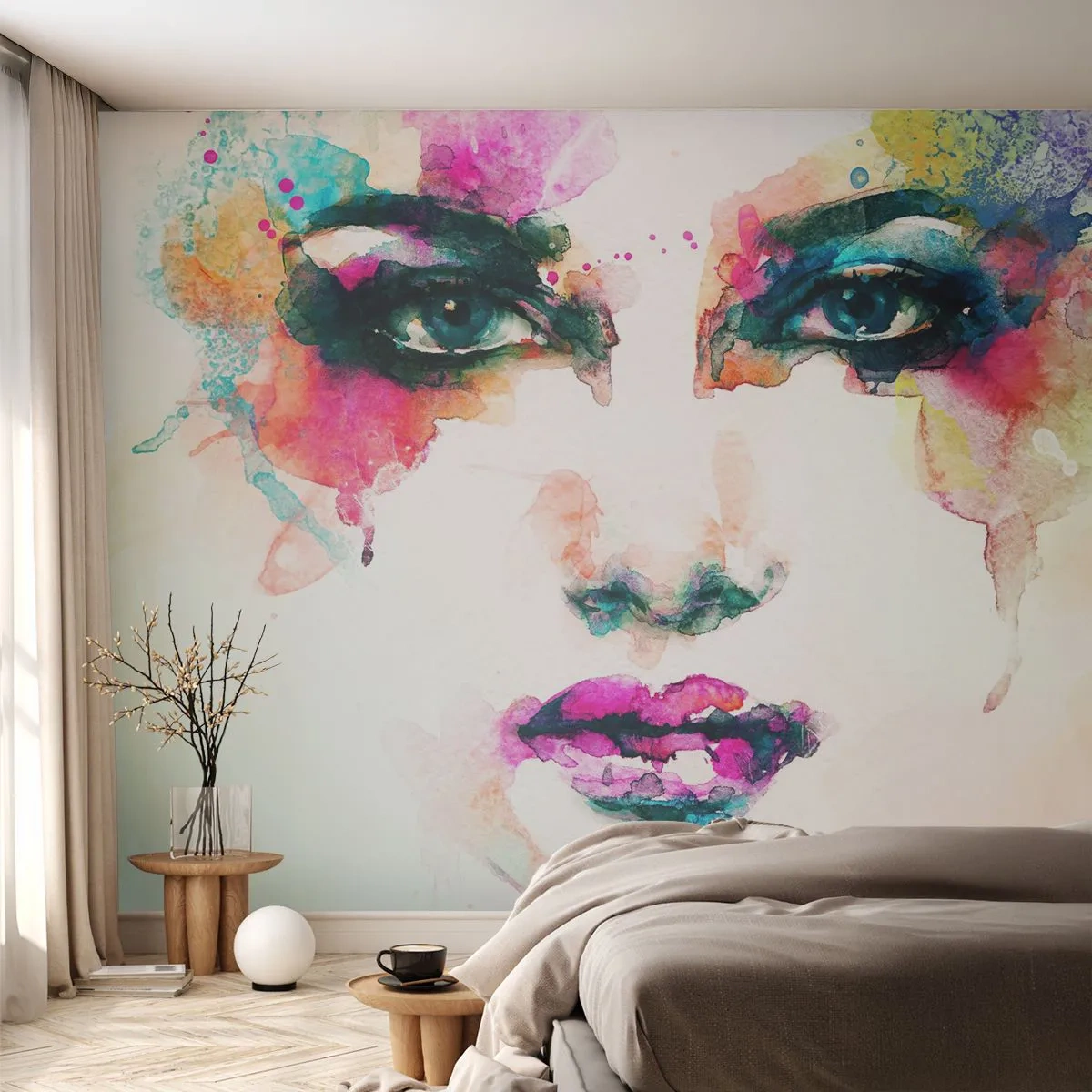 Fototapet Premium Canvas - Portræt malet med en regnbue - Abstraktion, Kvindens ansigt, Stykke - 200x140 cm